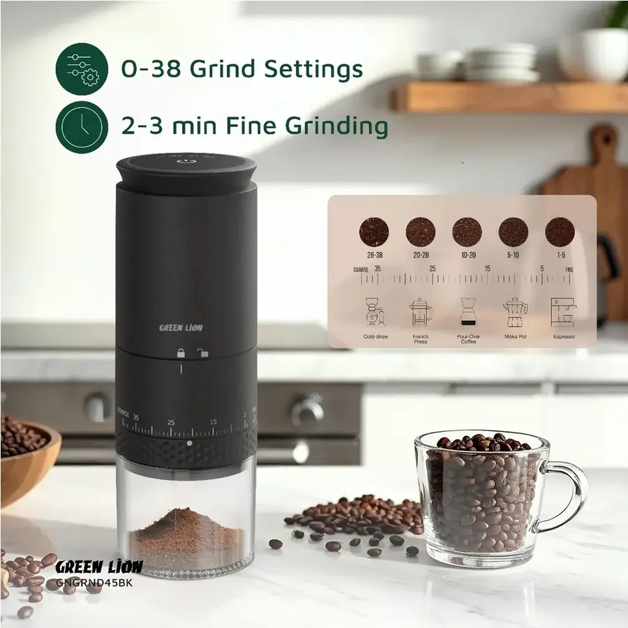 مطحنة قهوة Green Lion Grind Pro قابلة للشحن سوداء GNGRND45BK - الصورة 3